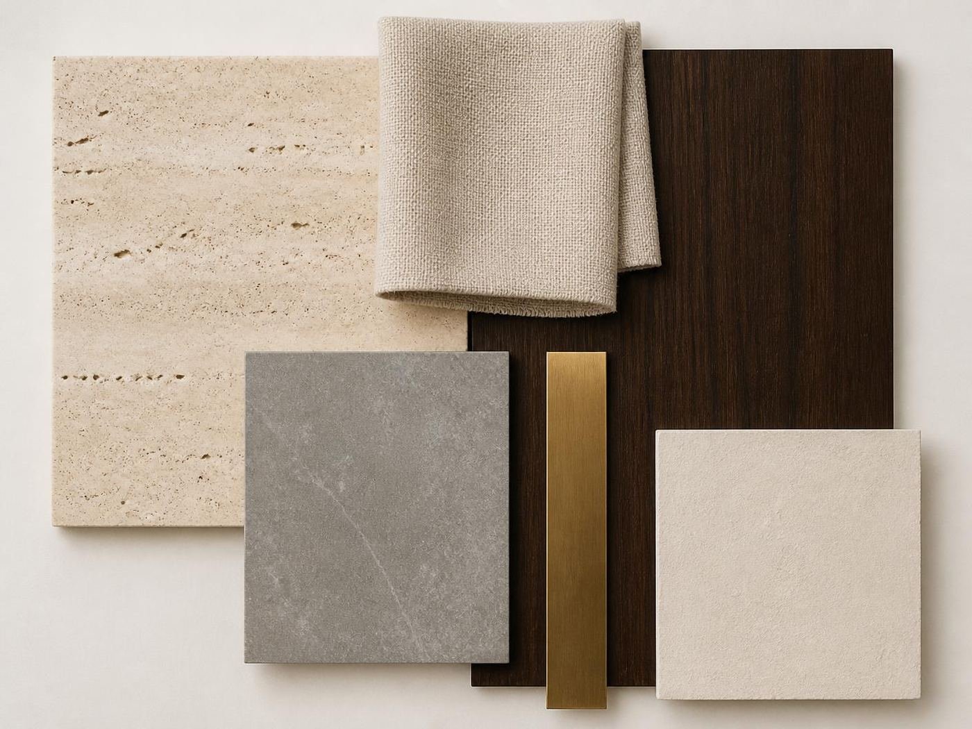 Travertine, kota stone, espresso timber, linen and brass samples arranged flat