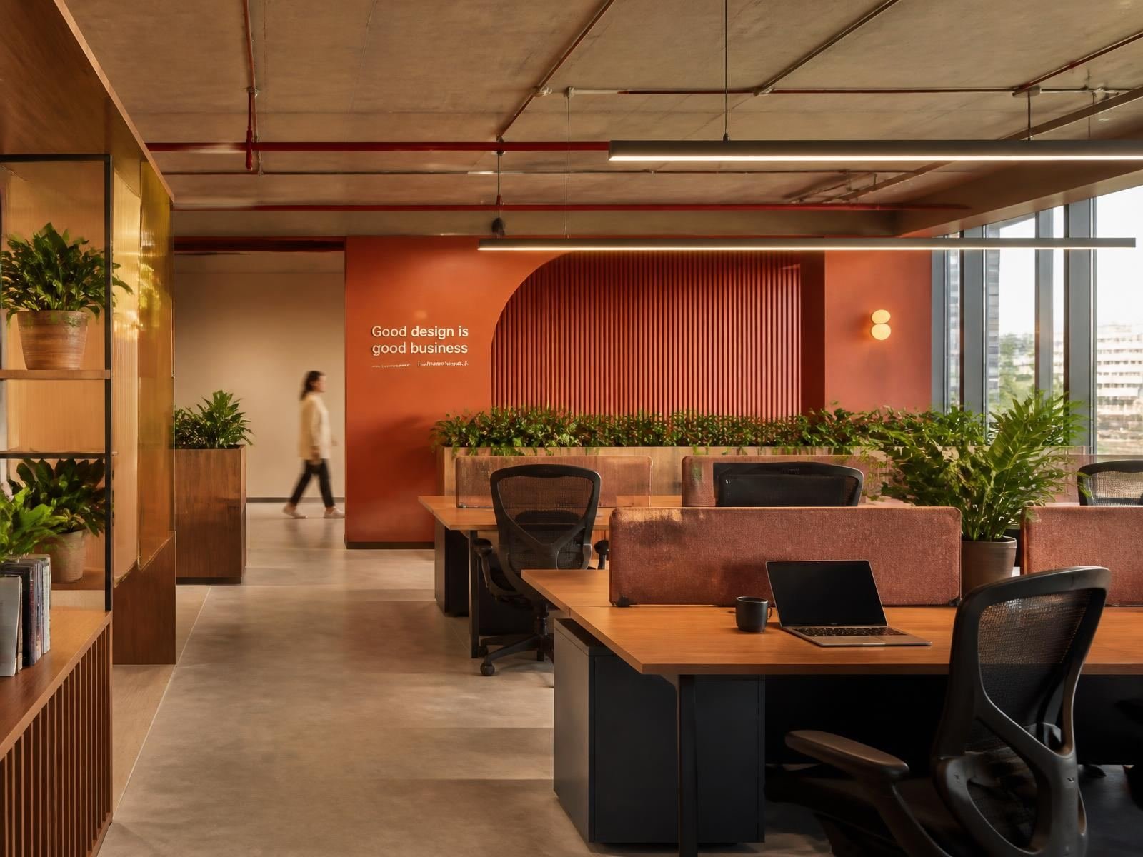 A workplace for a climate-tech firm built from earth tones, exposed structure and generous shared ground.